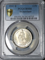 1941 PCGS MS 66 Switzerland 2 Francs Gem Mint State Swiss Silver Coin (20040801C)