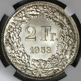 1953 NGC MS 67 Switzerland 2 Francs Key Swiss Gem Silver Coin POP 4/0 (22020502C)