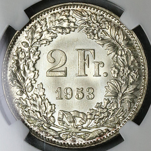 1953 NGC MS 67 Switzerland 2 Francs Key Swiss Gem Silver Coin POP 4/0 (22020502C)