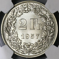 1957 NGC MS 67 Switzerland 2 Francs Swiss Gem Silver Coin POP 6/0 (22020503C)