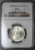 1957 NGC MS 67 Switzerland 2 Francs Swiss Gem Silver Coin POP 6/0 (22020503C)