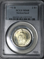 1961 PCGS MS 68 Switzerland 2 Francs Mint State Swiss Coin Pop 4/0 (19111704C)