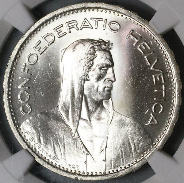 1954 NGC MS 65 Switzerland 5 Francs William Tell Swiss Gem Silver