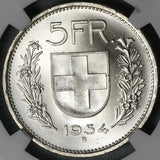 1954 NGC MS 65 Switzerland 5 Francs William Tell Swiss Gem Silver Coin (23011802C)