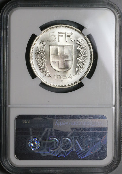 1954 NGC MS 65 Switzerland 5 Francs William Tell Swiss Gem Silver