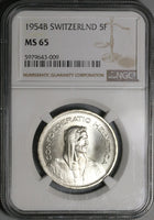 1954 NGC MS 65 Switzerland 5 Francs William Tell Swiss Gem Silver Coin (23011802C)