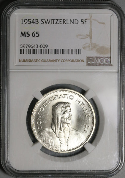 1954 NGC MS 65 Switzerland 5 Francs William Tell Swiss Gem Silver