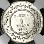 1911-A NGC MS 64 Tunisia 1 Franc France Protectorate Paris Silver Coin (23032402C)