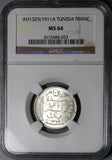 1911-A NGC MS 64 Tunisia 1 Franc France Protectorate Paris Silver Coin (23032402C)