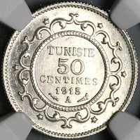 1915-A NGC MS 65 Tunisia 50 Centimes France Protectorate Silver Coin (23032401C)