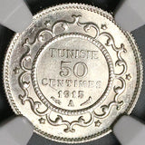 1915-A NGC MS 65 Tunisia 50 Centimes France Protectorate Silver Coin (23032401C)