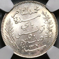 1915-A NGC MS 65 Tunisia 50 Centimes France Protectorate Silver Coin (23032401C)