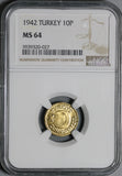 1942 NGC MS 64 Turkey 10 Para Mint State Star Crescent Coin POP 1/2 (21040401D)