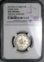 1910 NGC UNC Edirne Turkey 5 Kurush Sultan Mint Visit Ottoman Silver 1327//2 Coin (22031802D)