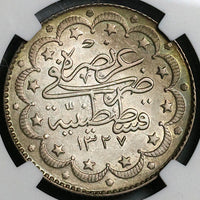 1915 NGC AU 58 Turkey 10 Kurush 1327//7 Ottoman El Ghazi Silver Coin (21112001C)