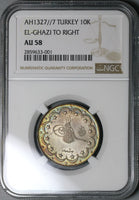 1915 NGC AU 58 Turkey 10 Kurush 1327//7 Ottoman El Ghazi Silver Coin (21112001C)