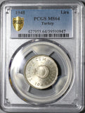 1948 PCGS MS 64 Turkey 1 Lira Last Silver Mint State Crescent Coin (20070803C)