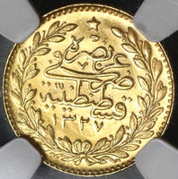1911 NGC MS 63 Turkey GOLD 25 Kurush Ottoman Empire 1327/3 Mint State Coin POP 2/1 (20110601C)