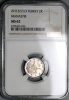 1911 NGC MS 62 Manastir Mint Visit Turkey 2 Kurush 1327//3 Coin 13K POP 2/7 (23013101C)