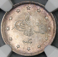1911 NGC UNC Det Salonika Mint Visit Turkey 2 Kurush 1327//3 AH Rare Sultan Coin 13K Minted (18112803C)