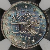 1911 NGC UNC Det Salonika Mint Visit Turkey 2 Kurush 1327//3 AH Rare Sultan Coin 13K Minted (18112803C)