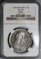 1674 NGC VF 25 Charles II 1/2 Crown Rare Great Britain Silver Coin POP 1/1 (23030301C)