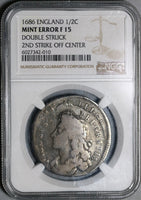 1686 NGC F 15 James II Mint Error 1/2 Crown Great Britain Silver Coin (21032105C