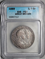 1689 ICG F 15 William Mary 1/2 Crown Great Britain Silver 2nd Shield Coin (21061201C)