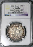 1698 NGC AU Det William III Half 1/2 Crown Great Britain Silver Coin (21101801C)