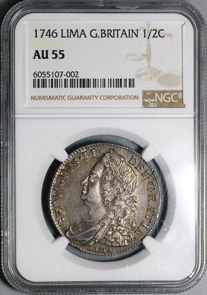 1746 NGC AU 55 George II 1/2 Crown Great Britain Spain Lima Coin