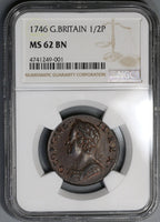 1746 NGC MS 62 George II 1/2 Penny Great Britain Mint State Coin (19072301C)