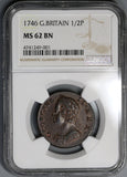 1746 NGC MS 62 George II 1/2 Penny Great Britain Mint State Coin (19072301C)