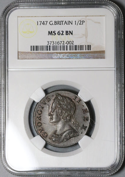 1747 NGC MS 62 George II 1/2 Penny Great Britain Copper Coin POP 2