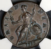 1753 NGC MS 63 George II 1/2 Penny Great Britain Mint State Coin (18083004C)