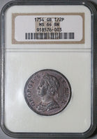 1754 NGC MS 64 George II 1/2 Penny Great Britain Mint State Coin POP 4/1 (22052901C)