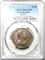 1770 PCGS MS 63 George III 1/2 Penny Great Britain Mint State Colonial Coin (19081702C)