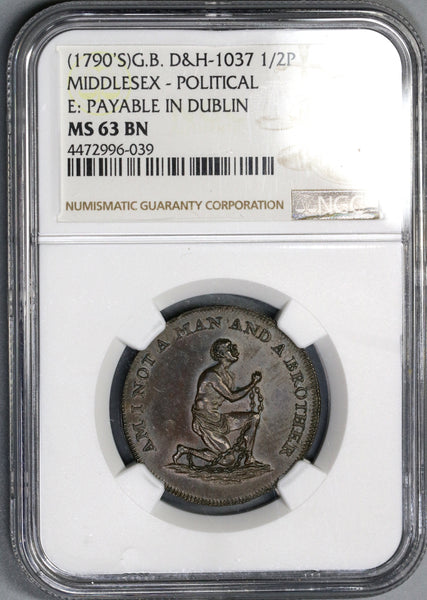 1790s NGC MS 63 Slave Conder 1/2 Penny Middlesex Slavery Token D&H