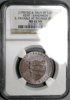 1790s NGC MS 62  Kent Sandwich Ancient Sloop Ship Conder 1/2 Penny Token Coin D&H 39 (21091204C)