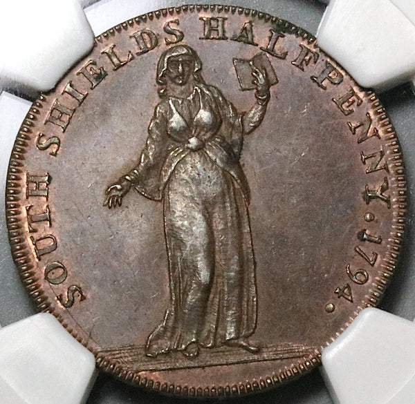 1794 NGC MS 64 Durham South Shields 1/2 Penny Conder Britain Token (23031202C)