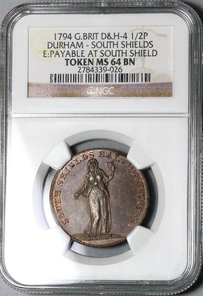 1794 NGC MS 64 Durham South Shields 1/2 Penny Conder Britain Token