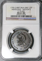 1795 NGC MS 61 Neeton's Middlesex Saracen Conder 1/2 Penny Token Wine Barrel DH 390 Coin (22020401C)