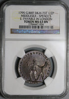 1795 NGC MS 63 Spence Press Gang 1/2 Penny Conder Middlesex DH 337 Coin (22021202C)