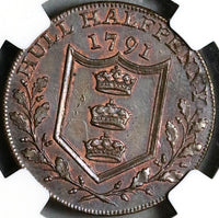 1791 NGC MS 62 William III Conder 1/2 Penny Yorkshire Hull Britain D&H 21 Token Coin (22122602C)