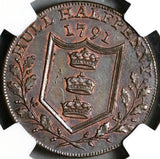 1791 NGC MS 62 William III Conder 1/2 Penny Yorkshire Hull Britain D&H 21 Token Coin (22122602C)