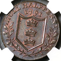 1791 NGC MS 62 William III Conder 1/2 Penny Yorkshire Hull Britain D&H 21 Token Coin (22122602C)