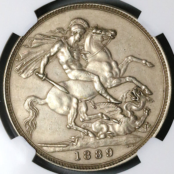 1889 NGC AU Det Victoria Crown Great Britain Dragon Slayer Silver