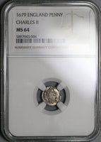 1679 NGC MS 64 Charles II Penny Great Britain England Silver Coin POP 1/0 Finest Known (20101103C)