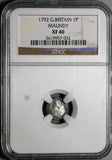 1792 NGC XF 40 George III Great Britain Penny Wire Money Silver Coin (19121902C)
