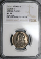 1727 NGC AU 55 George II Shilling Great Britain Roses Plumes Silver Coin (22062201C)