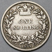 1874 Victoria Shilling Great Britain Sterling Silver Coin (22070508R)